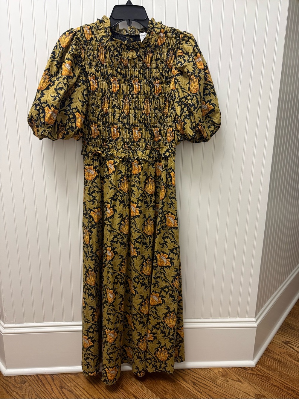Puff-Sleeve Smocked Midi Dress in Mustard Floral